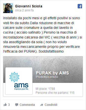Installato da pochi mesi e gli effetti positivi si sono visti fin da subito.Dalla riduzione di macchie di calcare sulle... Pubblicato da Giovanni Sciola su Giovedì 8 febbraio 2018