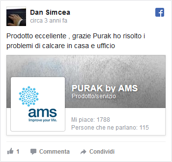 Prodotto eccellente, grazie Purak ho risolto i problemi di calcare in casa e ufficio Pubblicato da Dan Simcea su Lunedì 13 marzo 2017